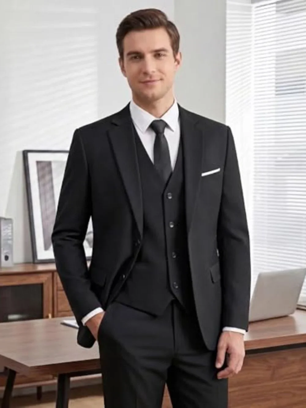 Slim Fit 3 Piece Suit Set Blazer Vest Pants Tuxedo for Wedding Party